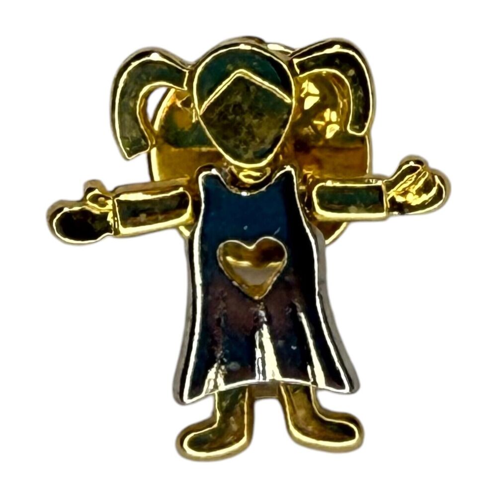 Vintage Pigtail Girl Heart Dress Two-Tone Gold & Silver Lapel Pin Brooch - Picture 5 of 6